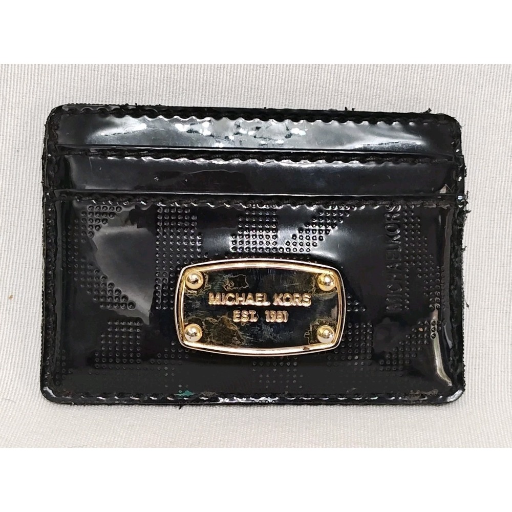 Michael Kors Patent Leather Black Gold applique Card Holder Wallet Money 4 x 2.5